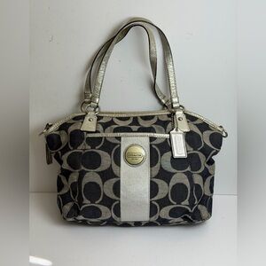 Coach Signature C Denim Stripe Tote Bag Silver Accents